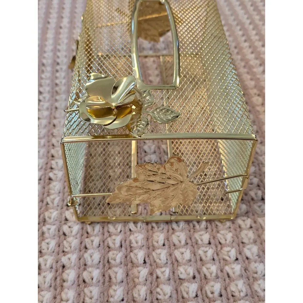 VTG MCM Metal Mesh Gold Tone Kleenex Box Cover with Rose and Leaf Design